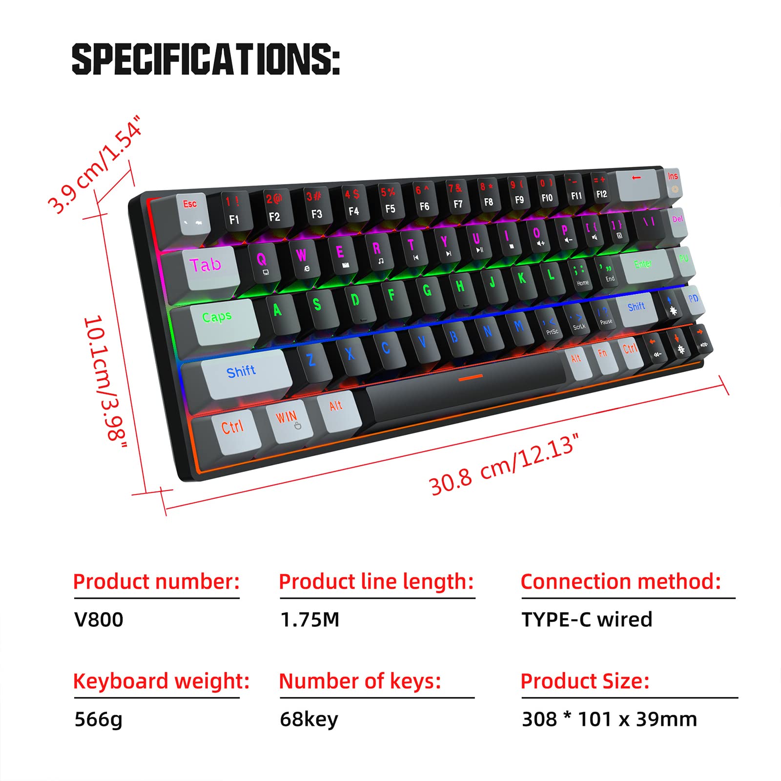 Механична клавиатура, 68 клавиша, ABS, RGB жична, със синя LED ...