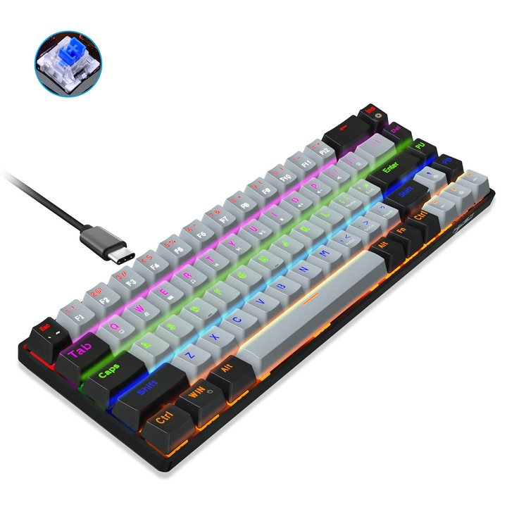Механична клавиатура, 68 клавиша, ABS, RGB жична, със синя LED подсветка, черно/сиво
