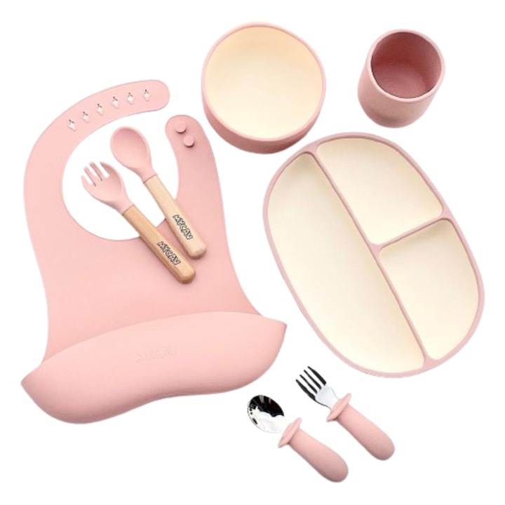 Set complet diversificare din silicon MYCAV® pentru bebelusi si copii, baveta, farfurie compartimentata cu ventuza, bol, cana, 2 lingurite si 2 furculite, fara alergeni, BPA free, 8 piese, MyDarkPink