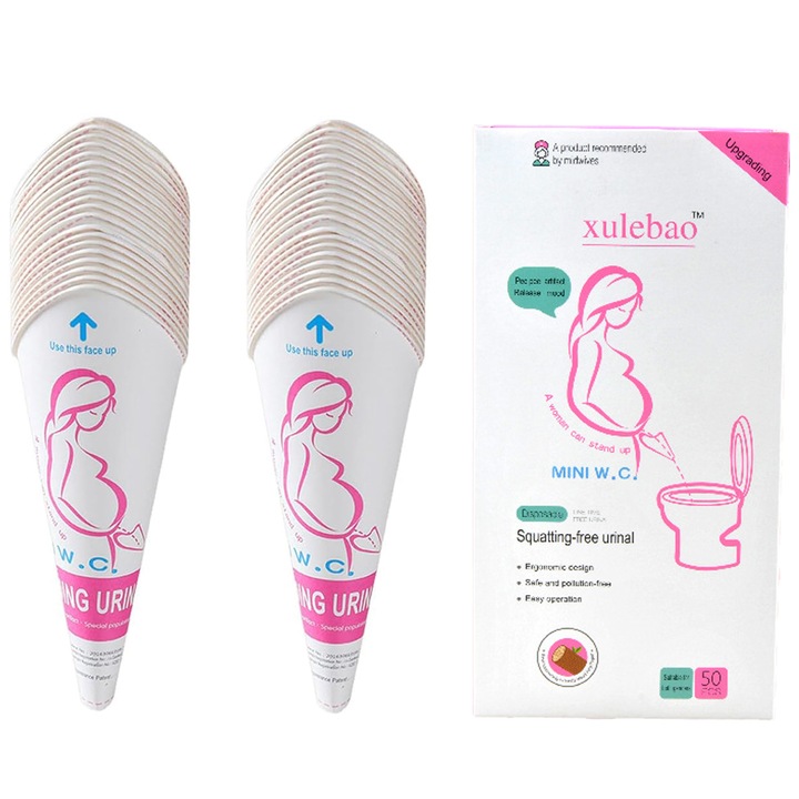 Комплект от 50 части, Axroad Mall, писоар за еднократна употреба, дизайн на фуния, лесен за хващане, преносим и безопасен, водоустойчив, ергономична форма, за бременни жени, ранени хора, картон, 1,1x16 см, бяло/розово