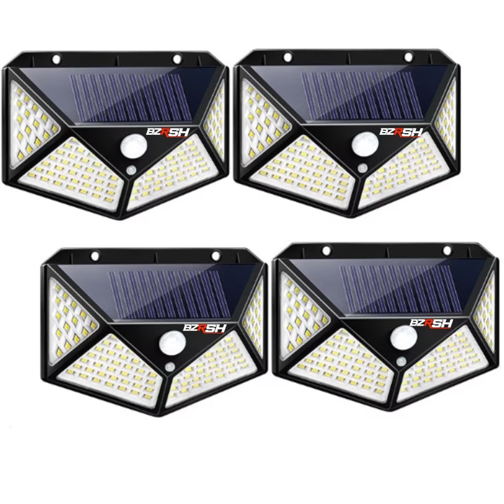 4 db napelemes töltésű lámpa készlet, alkonyat-, mozgás- és fényérzékelőkkel, 3 világítási fokozattal, 100 x LED, IP65, BZRSH, fekete