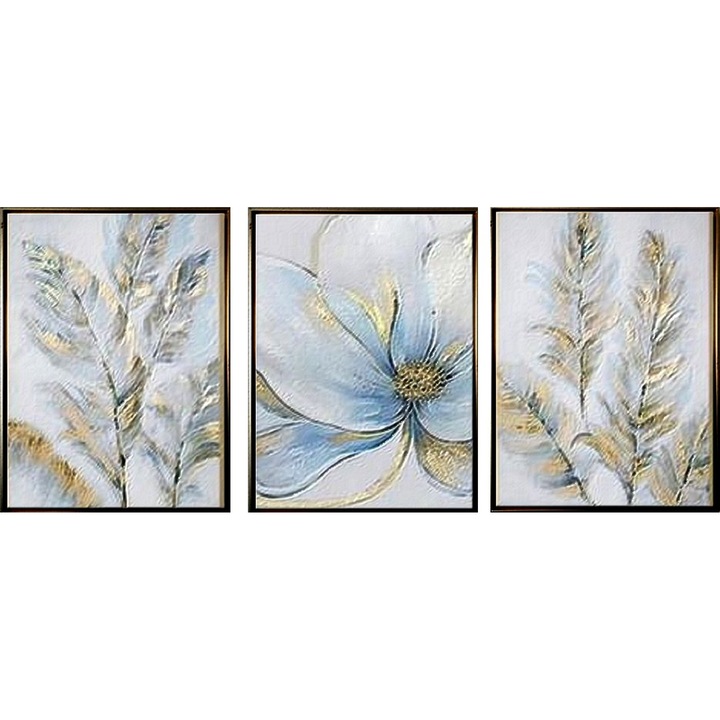 Tablou pictate manual in ulei pe panza, pictura in cutit, abstract, 150x70cm, Botanica, Compleu flori abstracte auriu blue 150x70 3 piese