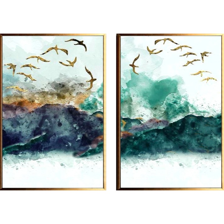 Set Tablouri pictate manual in ulei pe panza, pictura abstracta texturata in cutit, 100x70cm, Pasari in zbor, peisaj verde auriu albastru cobalt