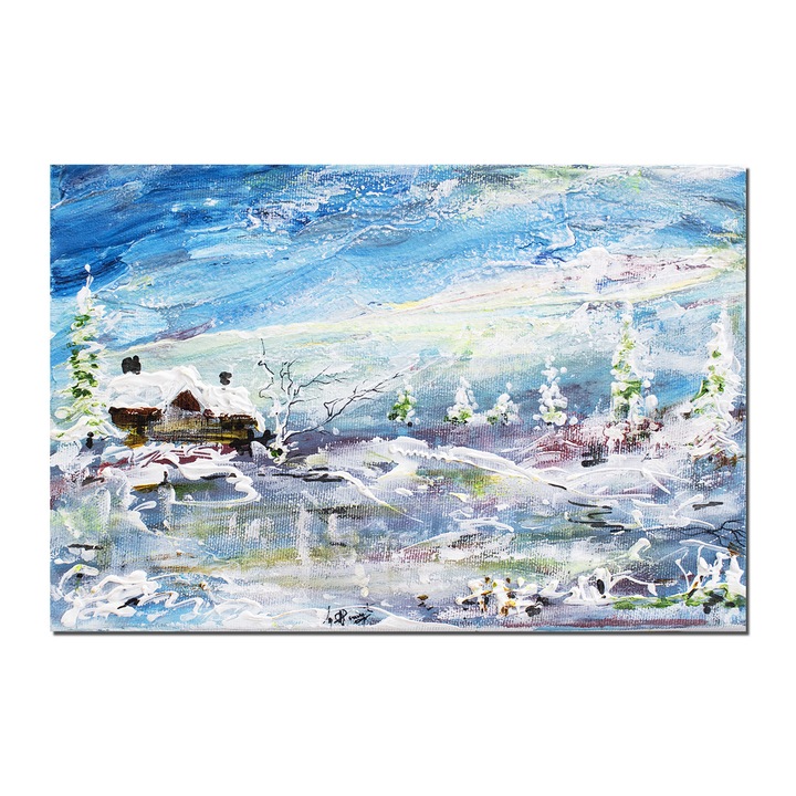 Tablou pictat manual hol, living, birou, dormitor, Peisaj de iarna, stilizat, 30x20cm acril pe panza in cutit efect 3D