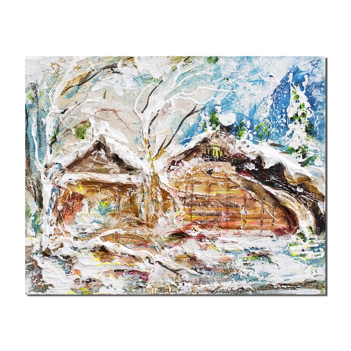 Tablou pictat manual hol, living, birou, dormitor, Peisaj de iarna, stilizat, pictura 25x20cm acril pe panza in cutit efect 3D