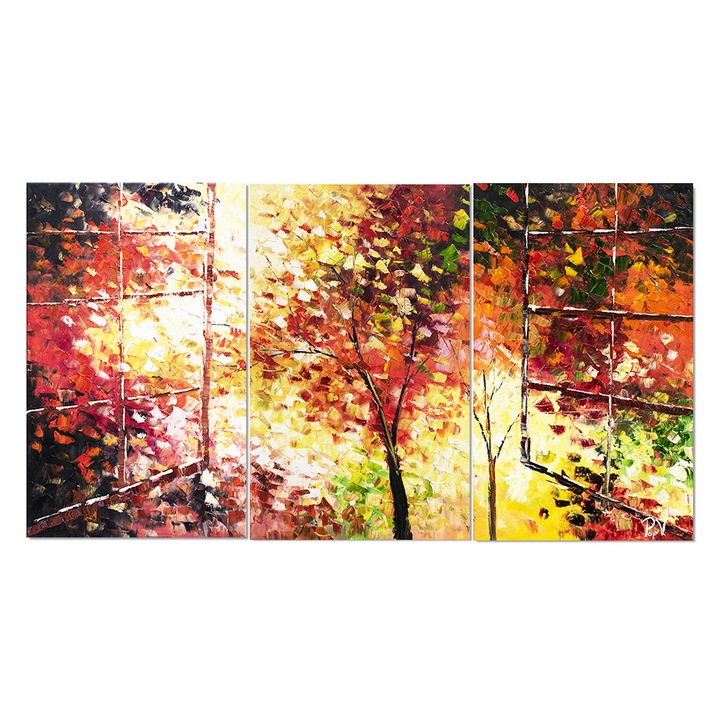 Set 3 piese tablou pictat manual, living, birou, La fereastra, 150x80cm pictura ulei pe panza in cutit efect 3D