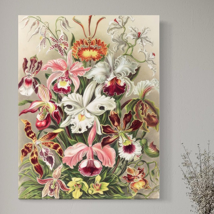 Премиум картина върху платно, LuxCanva® C1043, Многоцветни орхидеи, 100 X 135 СМ, 100% памучно платно 400 г/м2, дървена рамка, Цветове, Цветя, Орхидеи, Офис, Хол, Релаксация, Ярки цветове
