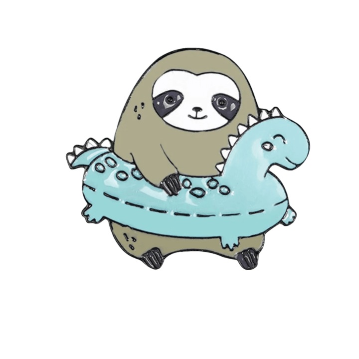 Insigna metal cu pin Cute Sloth With Dinosaur Swimming Circle 3.9x3 cm