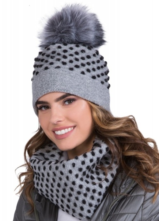 Set caciula si fular cu buline Foks, marime Universala, culoare Gri