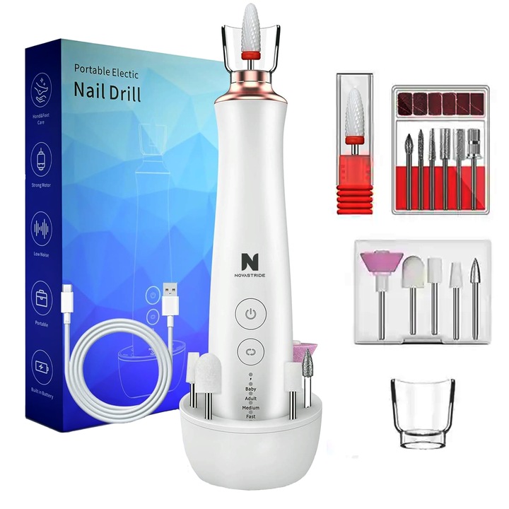 Пила за нокти, професионална, електрическа, безжична, за маникюр, педикюр, 12 различни по форма глави на пила, 6 шлифовъчни ленти, преносима, USB зареждане, със стойка, бяла