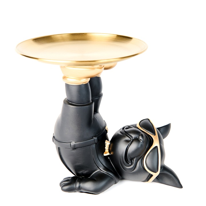 Decoratiune bulldog francez, tavita detasabila, 23 x 17 x 19 cm, negru/auriu