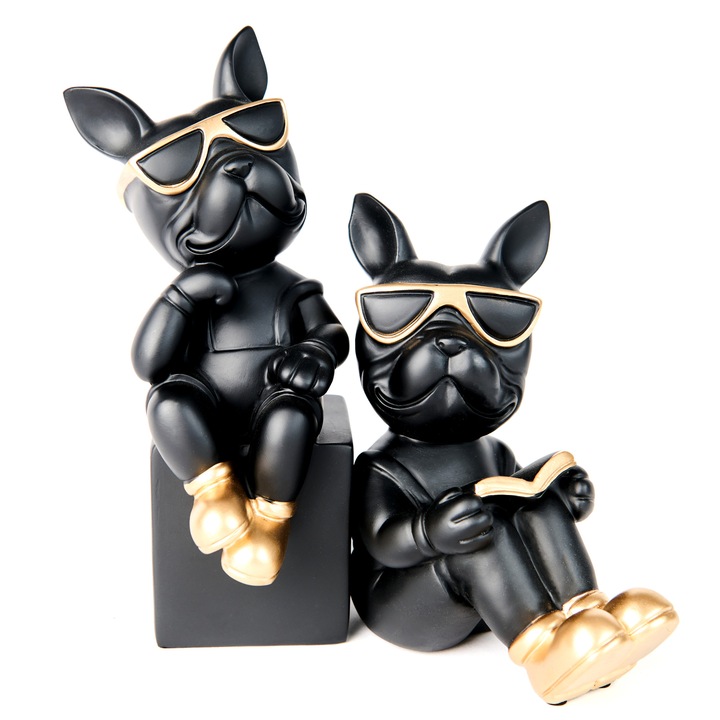 Декорация френски булдог, поставка за книги, черен/златист
