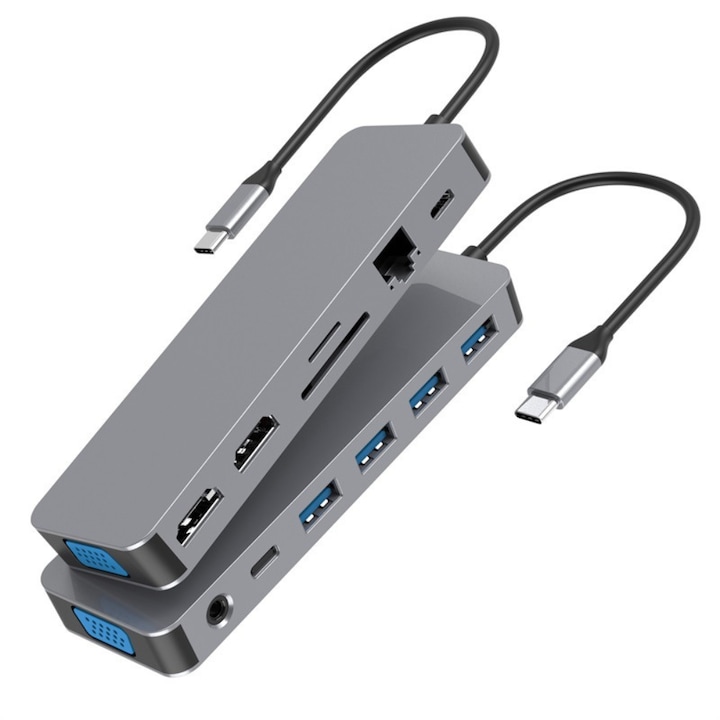 Adaptator Docking Station USB-C, 13 in 1, 1 RJ45 x 1000Mbps Gigabit Ethernet Port, 2x 4K HDMI, 1x VGA Port, 3x USB3.0, 1xUSB2.0, 1x USB-C Data Port, 1x TypeC PD Port, 1 x SD Card Slot, 1x TF Card, 1 x 3.5mm Audio / Mic
