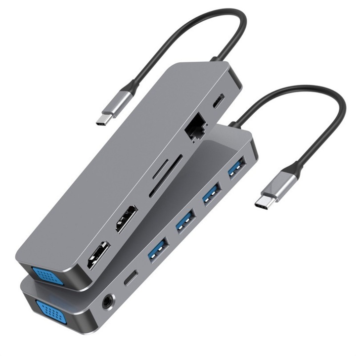 Адаптер Докинг станция USB-C, 13 в 1, Q-Elite®, 1 RJ45 x 1000Mbps Gigabit Ethernet порт, 2x 4K HDMI, 1x VGA порт, 3x USB3.0, 1xUSB2.0, 1x USB-C порт за данни, 1x TypeC PD порт, 1 x слот за SD карта, 1 x TF карта, 1 x 3,5 mm аудио / микрофон