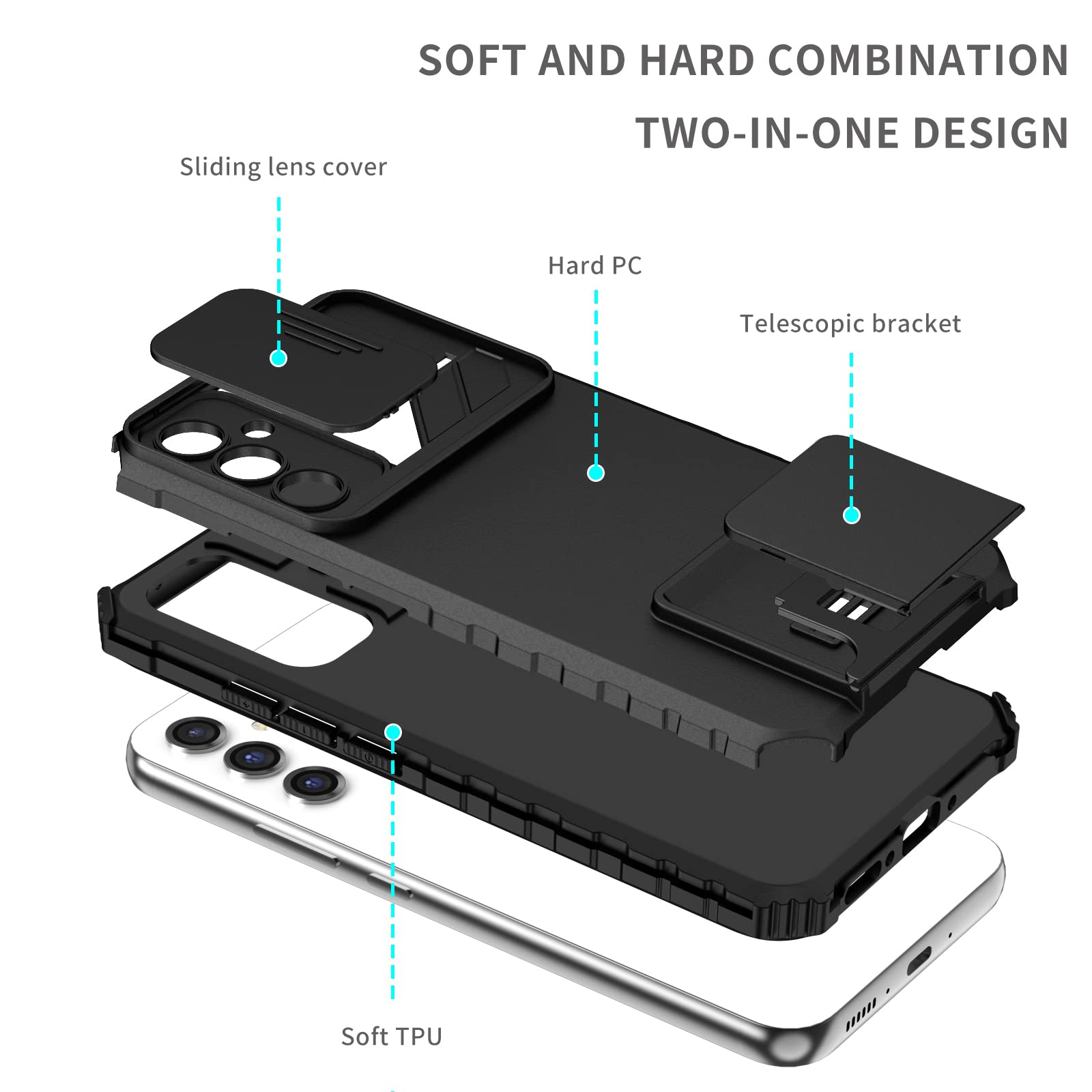 Husa telefon, pentru Samsung Galaxy A35 5G / Galaxy A55 5G Fereastra glisanta, suport inovator, Negru mat
