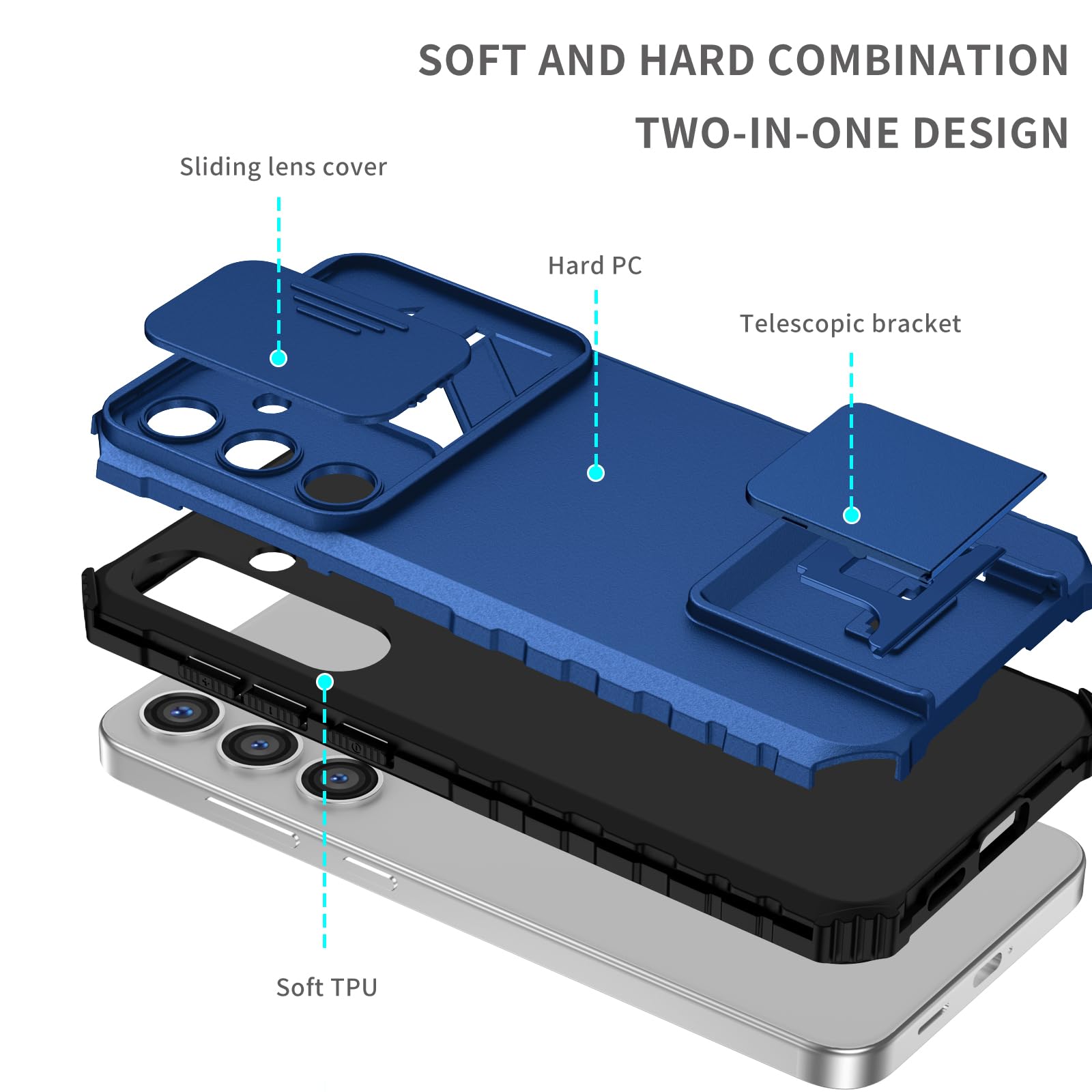 Husa telefon, pentru Samsung Galaxy A35 5G / Galaxy A55 5G Fereastra glisanta, suport inovator, Albastru mat
