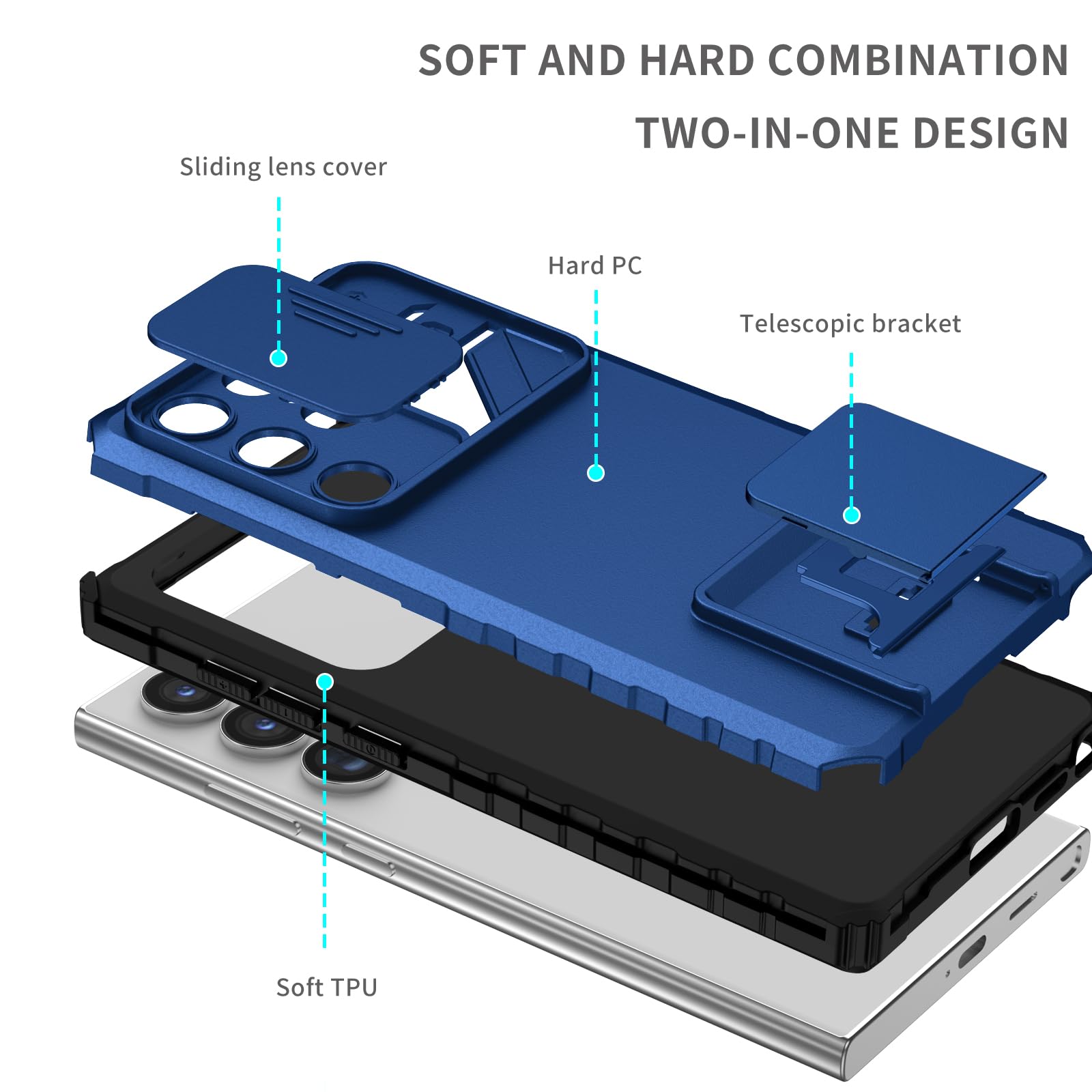 Husa telefon, pentru Samsung Galaxy S24 Ultra Fereastra glisanta, suport inovator, Albastru mat