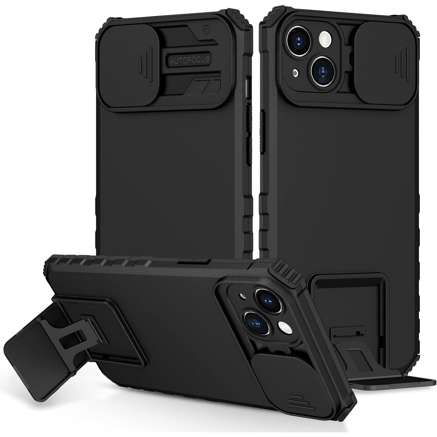 Husa telefon, pentru Apple iPhone 15 Fereastra glisanta, suport inovator, Negru mat
