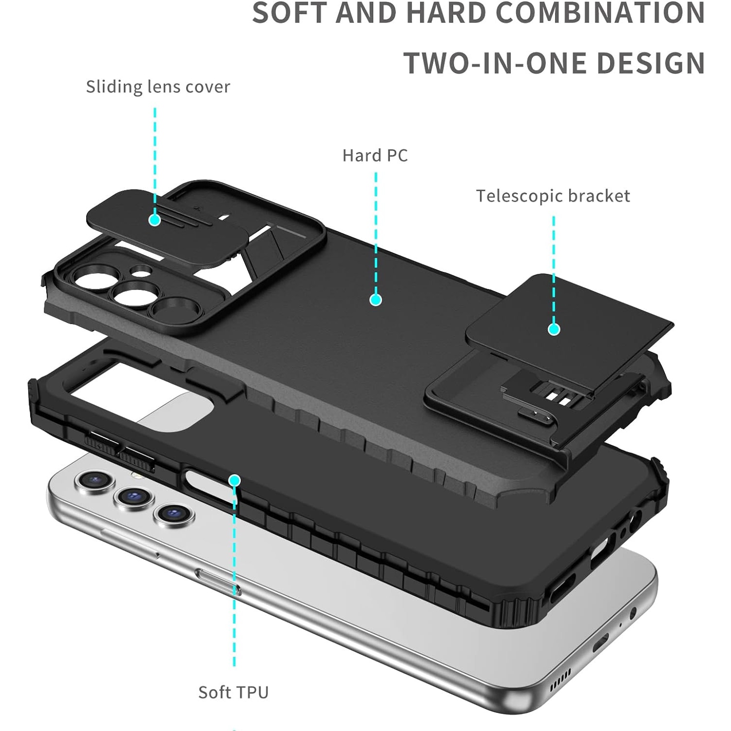 Husa telefon, pentru Samsung Galaxy A15 Fereastra glisanta, suport inovator, Negru mat