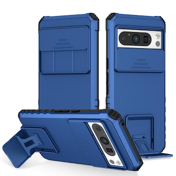 Husa telefon, pentru Google Pixel 8 Pro Fereastra glisanta, suport inovator, Albastru mat