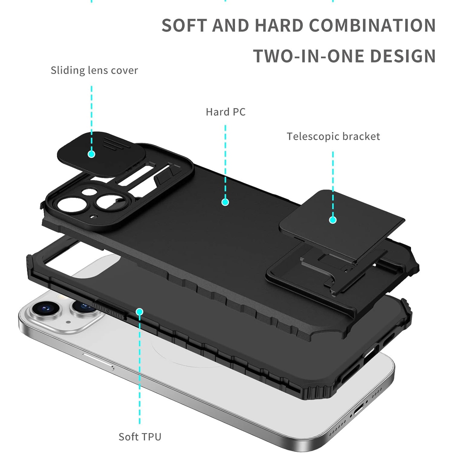 Husa telefon, pentru Apple iPhone 15 Fereastra glisanta, suport inovator, Negru mat