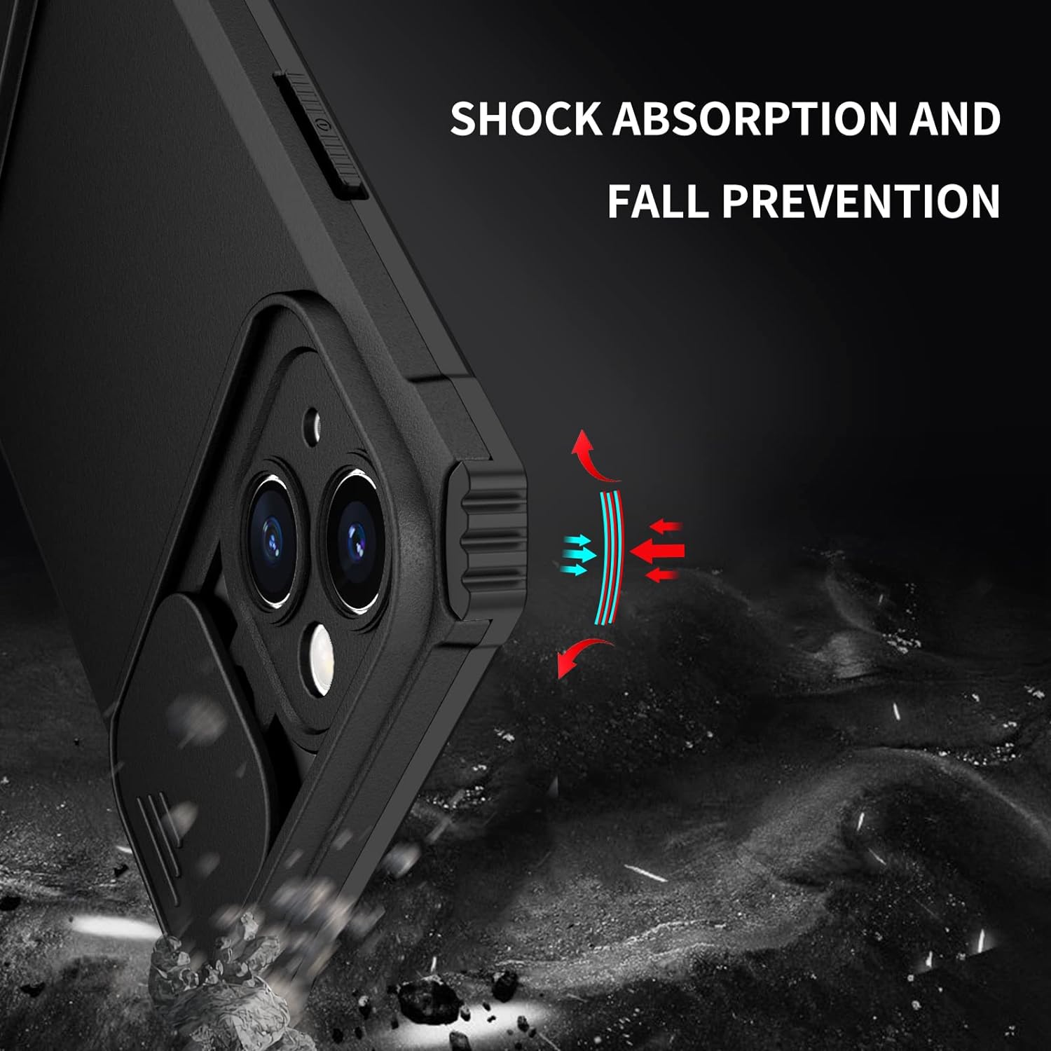 Husa telefon, pentru Apple iPhone 15 Fereastra glisanta, suport inovator, Negru mat