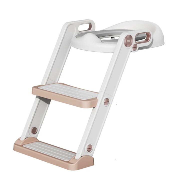 Седалка за тоалетна чиния със стълба Teno, неплъзгаща се, за деца до 7 години, защита от пръски, 2 стъпала, регулируема на височина, опорни дръжки, бяло/розово злато