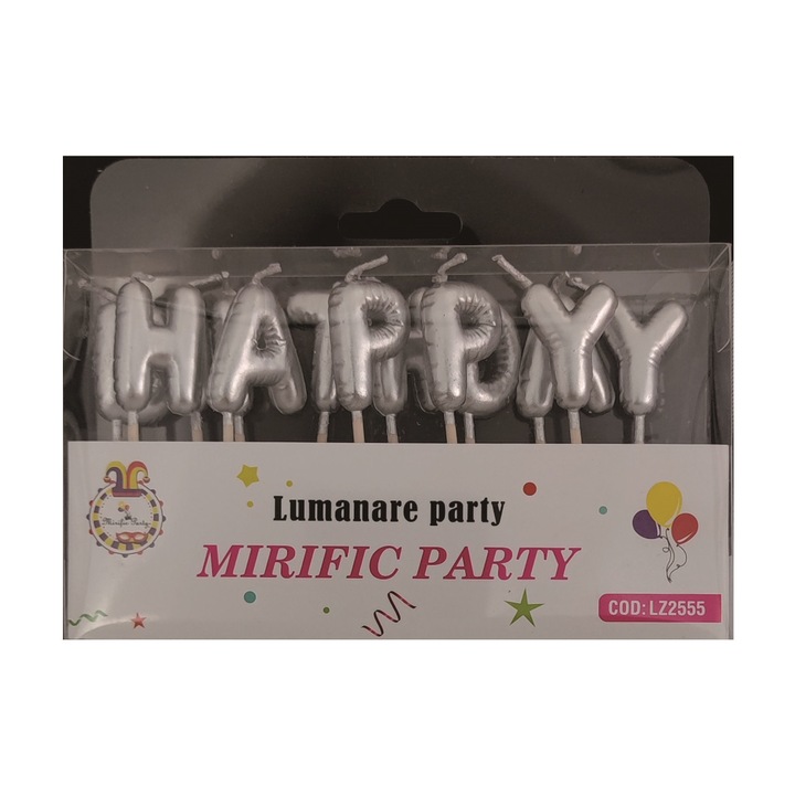 Lumanare tort argintiu, 5 cm, happy birthday