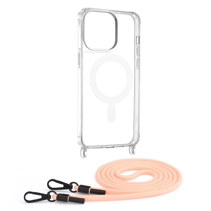 Защитен калъф, съвместим с Apple iPhone 15 Pro Max, Crossbody Lanyard, с розова каишка за закачане на тялото, прозрачен