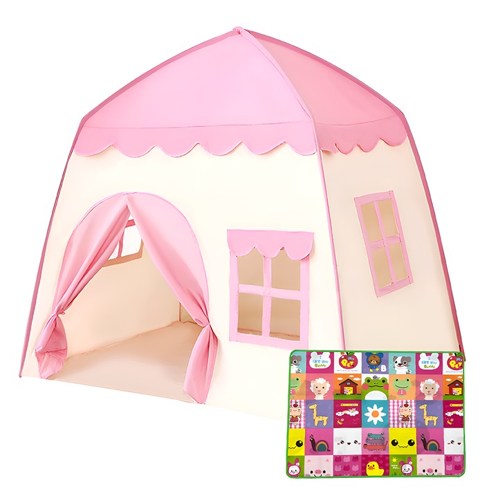 Cort de Joaca pentru Copii tip Casuta Teno®, covoras inclus cu 2 fete, usa tip perdea, geamuri cu plasa, usor de montat, interior/exterior, roz