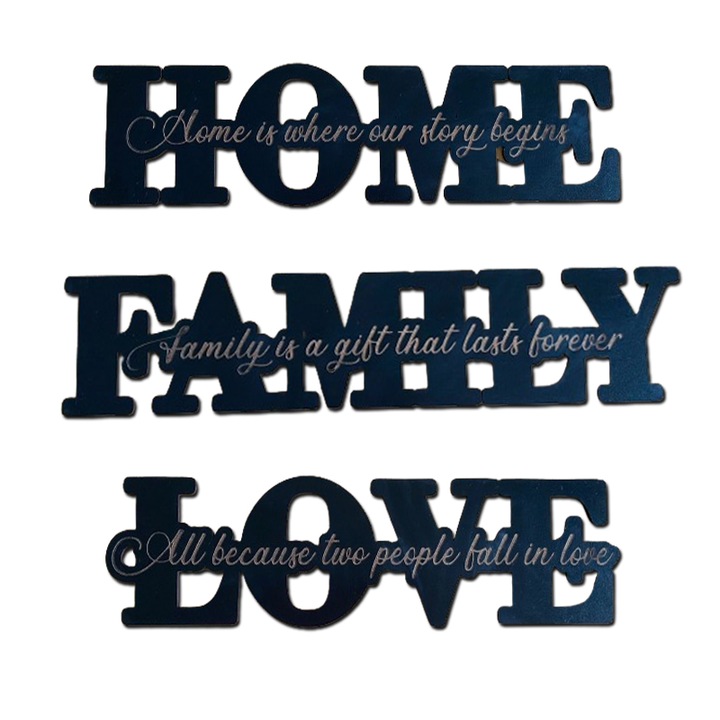 Set decoratiuni, 3 piese “Home, Family, Love”, mesaj gravat, lemn negru, Artemis Gift