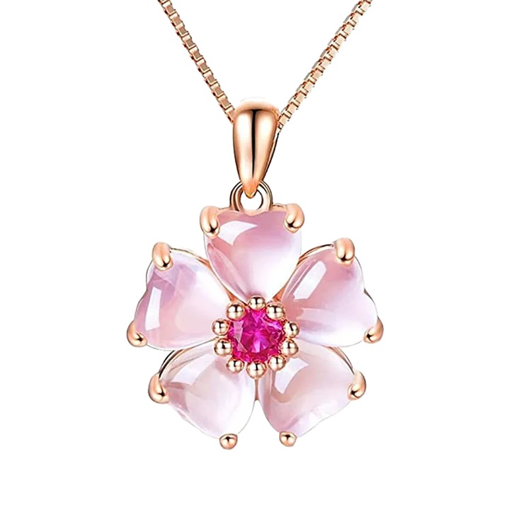 Lant dama, pandantiv cu floricica, model delicat, tematica flowers world, rose gold, EFAYN