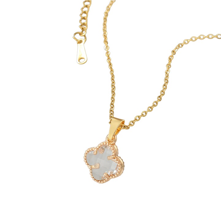 Lant dama, pandantiv cu trifoi cu patru foi, model minimalist, reglabil, tematica lucky flower, alb, EFAYN