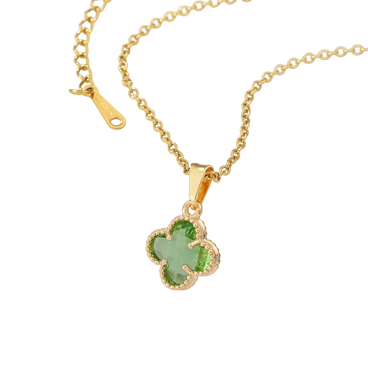 Lant dama, pandantiv cu trifoi cu patru foi, model minimalist, reglabil, tematica lucky flower, verde, EFAYN