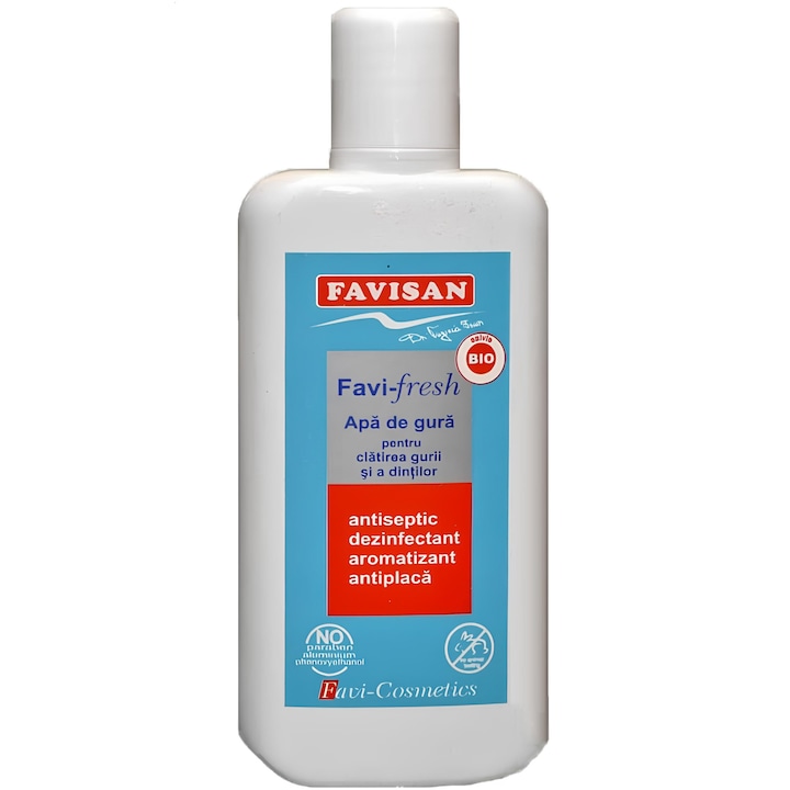 Apa de gura Favi-Fresh, antiseptic, dezinfectant, aromatizant, antiplaca, fara parabeni, fara fluor, 125ml, Laboratoarele Favisan