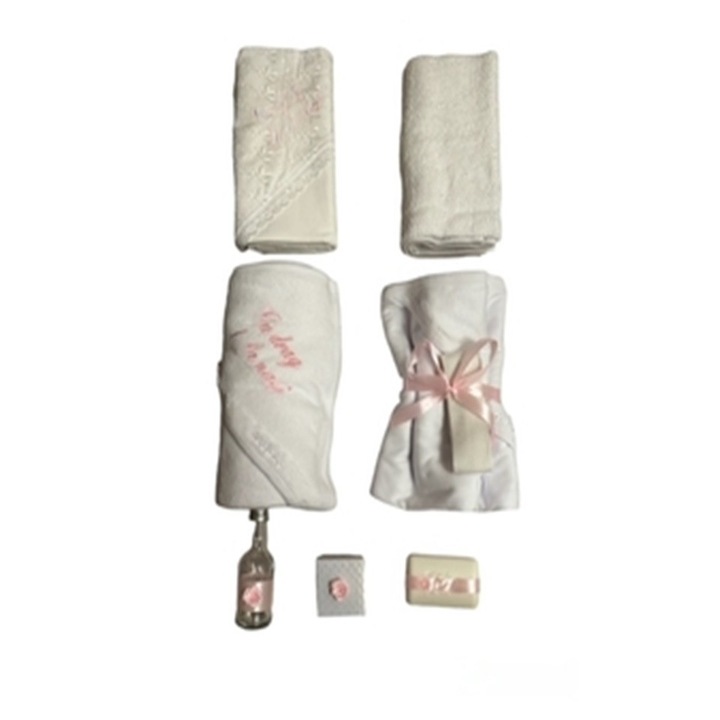 Szett Újszülötteknek, templom, 7 részes, pamut, fehér/rózsaszín, 0-4 hónap