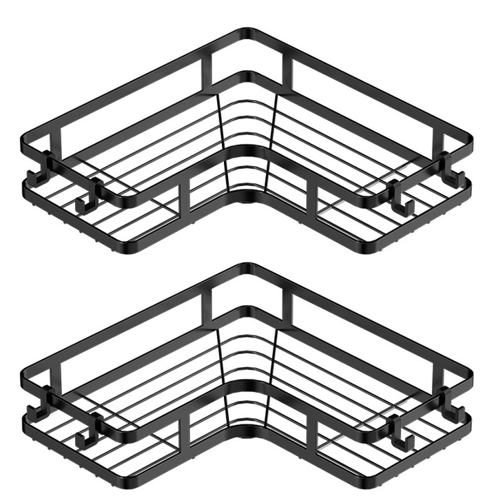 Set 2 Raft de dus, etajera colt pentru baie, din otel inoxidabil, depozitare in bucatarie, organizator, Adezive, Negru