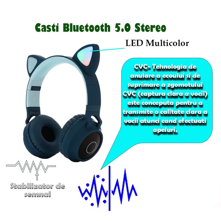 Casti Wireless, cu Microfon si Bluetooth, Bass Puternic, Conectari multiple, Incarcare rapida, Autonomie 20 ore, Albastru