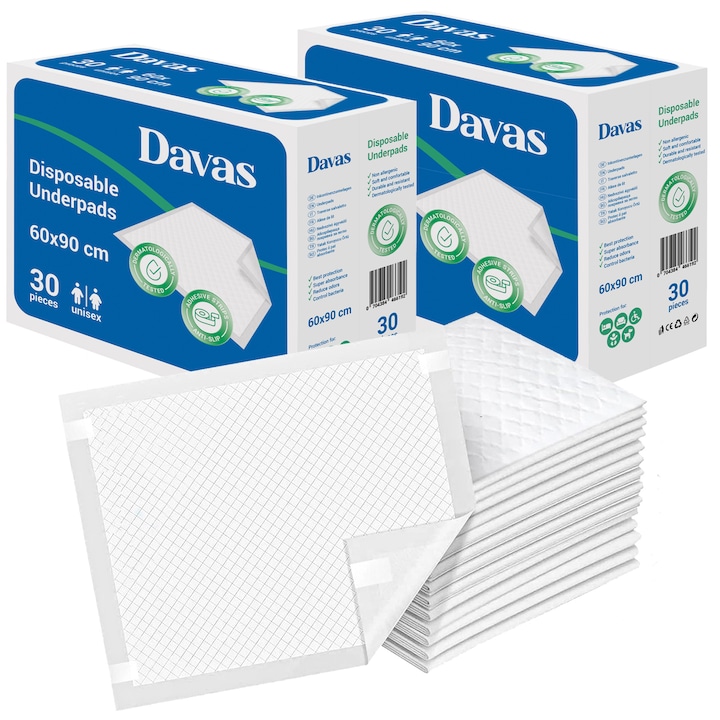 Protectii pat (aleze) Davas, 60x90 cm, 60 buc, gama premium 5 straturi, cu benzi adezive