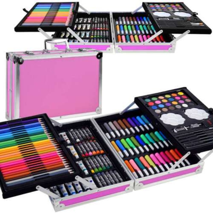 Set de pictura si desen pentru copii WePro Store, 145 de piese, Cutie Metalica, 3 ani +, Roz