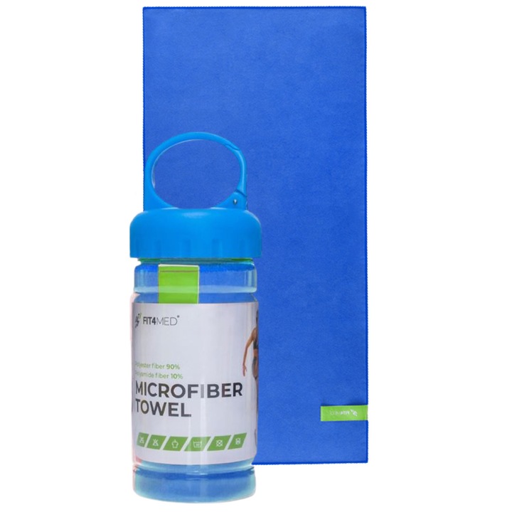 Mikroszálas törülköző, Fit4Med, FIT012, Gyorsan száradó, 30x100, Karabineres huzat, Kék
