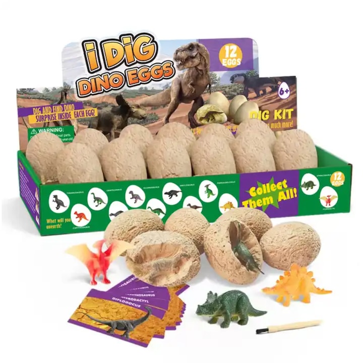 Régészeti készlet 12 dinoszaurusz tojással, Oktató játék, Simply Joy, fiúknak és lányoknak, Többszínű