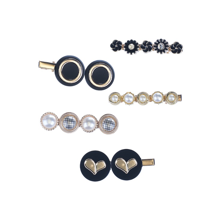 Set 5 Clame negre, aurii cu flori si perle