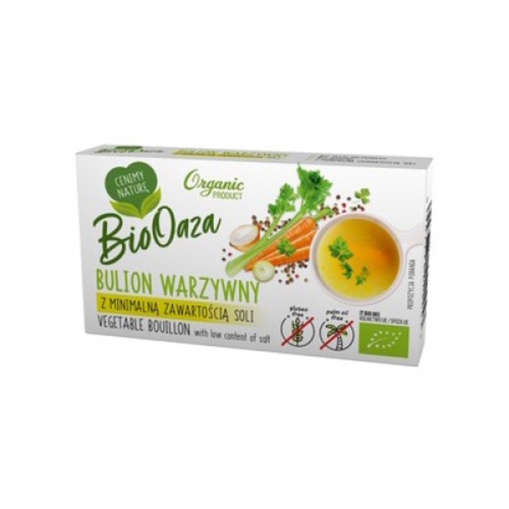 Bulion vegetal BioOaza, 60g, fara gluten, ideal pentru vegani, continut redus de sare