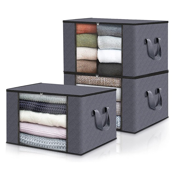 Set 3 organizatoare imbracaminte, Pliabile, 15L, 60x40x35cm, Gri