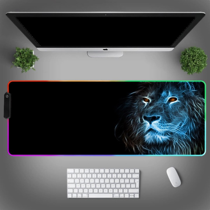 MousePad profesional Gaming RGB mare XXL, Lumini LED, Suprafata moale, Baza Anti-Alunecare Cauciucata, Multiple moduri de iluminare, Luminozitate Ajustabila, 900x400x4mm, Leu