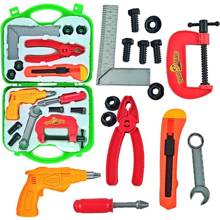 Jucarie Interactiva Set de Joaca Trusa cu Unelte 15 accesorii si Cutie pentru Depozitare Verde