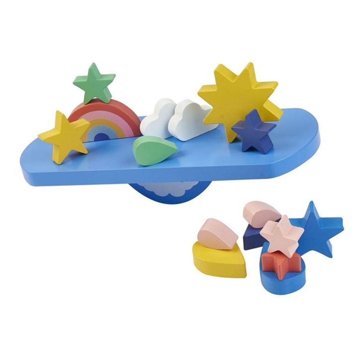 Jucarie educationala din lemn, Montessori, Balanta pentru echilibru si sortare cu stelute, nori si curcubeu, 17 piese, 3 ani+