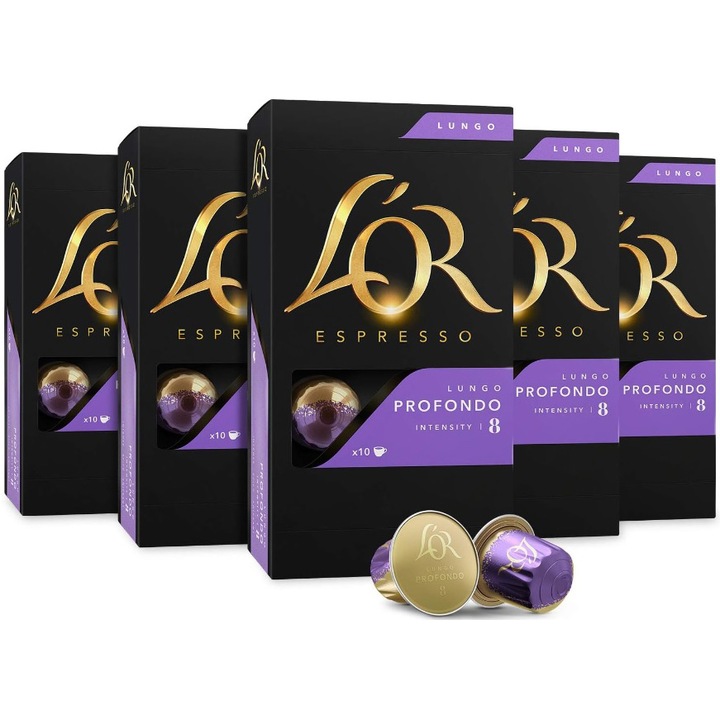 Комплект 5X кафе капсули L'OR Espresso Lungo Profondo, Интензитет 8, 50 напитки x 110 мл, Съвместимост със системата Nespresso®, 50 алуминиеви капсули