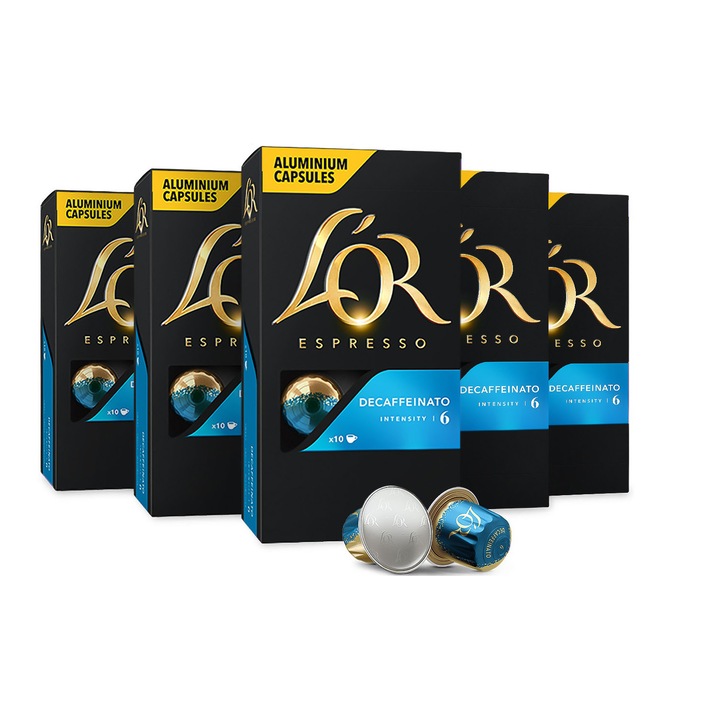 Комплект 5 х кафе капсули L'OR Espresso Decaffeinato, Интензивност 6, 50 напитки x 40 мл, Съвместими със системата Nespresso®, 50 алуминиеви капсули